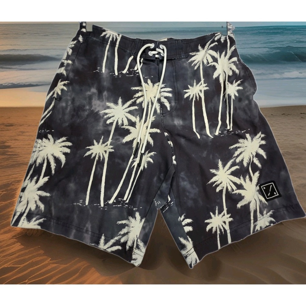 American Eagle Palm Tree Board Shorts/Swimsuit SZ: MEDIUM Gray/White/Black EUC